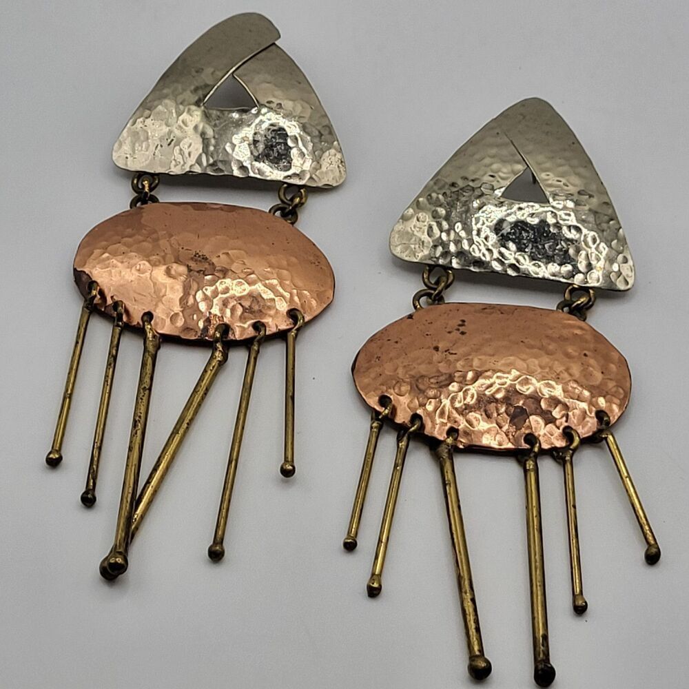 Artisan Made Hammered Silver Copper Brass Fringe Statement Dangle Earrings 5in - Picture 2 of 3